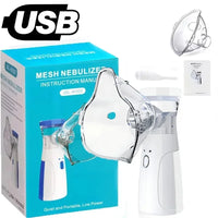 A handheld mesh nebulizer set shown with its blue retail box, clear face mask, white device, and instruction manual on a white background. A large USB logo appears in the top left.