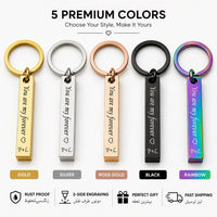 Side profile view of the durable split keyring loop connection attached to the custom metal bar charm