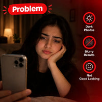 A woman at night looks at her phone with a sad expression, with red graphic overlays highlighting photo quality issues: 'Problem' at the top, icons for 'Dark Photos,' 'Blurry Results,' and 'Not Good Looking,' on the right side.