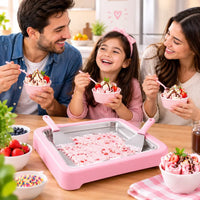 Mini instant ice cream maker pan being placed inside a home refrigerator freezer compartment