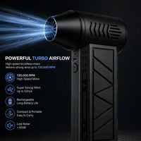 Bottom profile view of the mini jet fan highlighting the fast Type-C charging port and power switch