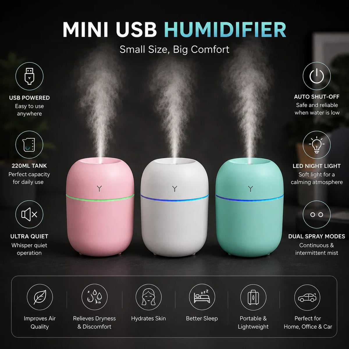 Mini USB Cool Mist Humidifier 220ML with LED Light - Muveszi Pakistan (image 5)
