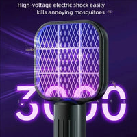A black electric shock mosquito trap with a glowing purple grid, shown against a dark purple background with text reading 'High-voltage electric shock easily kills annoying mosquitoes' and large '3000' text below.