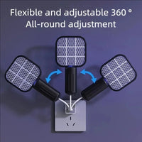 Three flexible electric fly traps with built-in solar panels on a dark purple background, connected to a wall outlet with text reading 'Flexible and adjustable 360° All-round adjustment'.