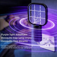 A purple mosquito trap lamp plugged into a wall outlet, shown with glowing purple light waves and text describing automatic mosquito trapping and mosquito-free dreams.