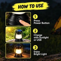 Portable vintage solar lamp being held by its metallic hanging handle outdoors