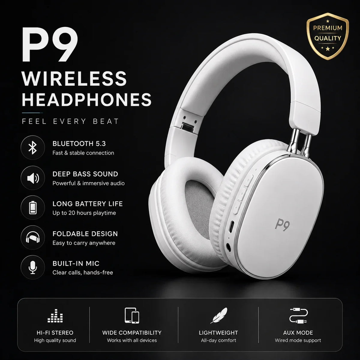 P9 Wireless Bluetooth Headphones Deep Bass Gaming Headset with Mic - Muveszi Pakistan (image 2)