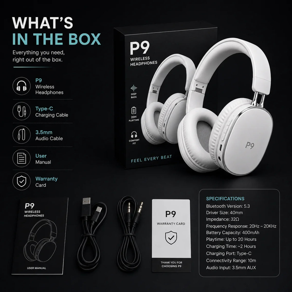 P9 Wireless Bluetooth Headphones Deep Bass Gaming Headset with Mic - Muveszi Pakistan (image 5)