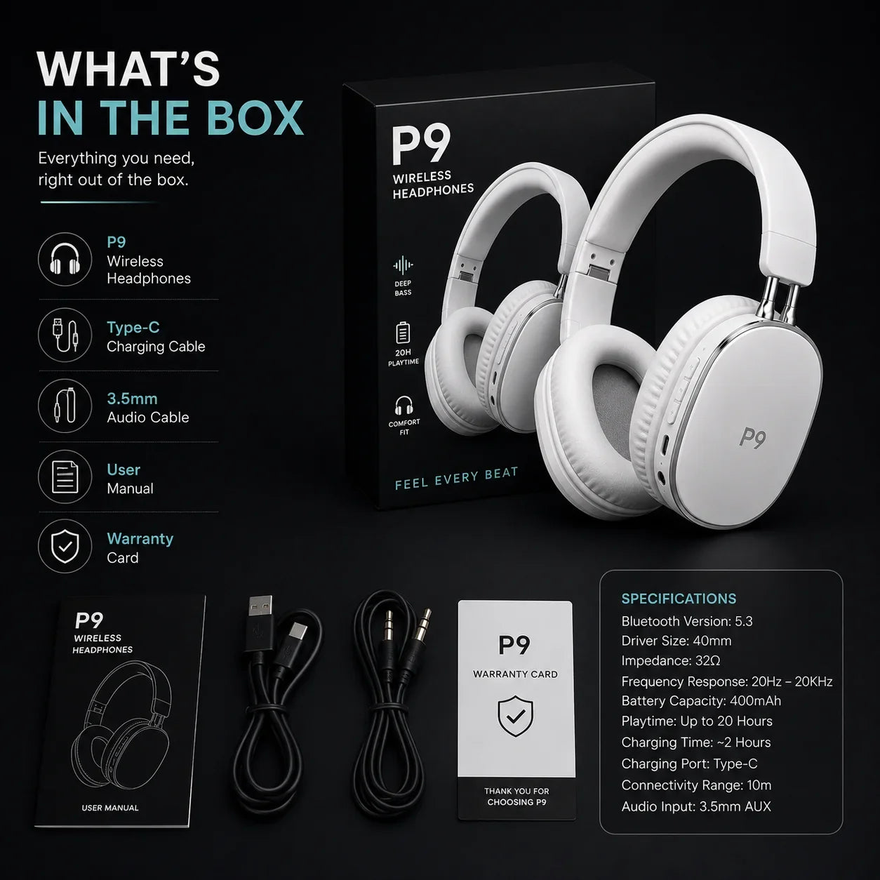 P9 Wireless Bluetooth Headphones Deep Bass Gaming Headset with Mic - Muveszi Pakistan (image 5)
