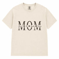 Detailed angle profile view of the customized family t-shirt showcasing the secondary siblings names sub text layout