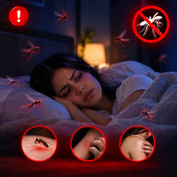 A woman sleeping in bed at night with mosquitoes flying around her, plus three circular inset images showing mosquito bites and red warning icons, suggesting a mosquito repellent or protection product.