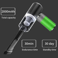 A handheld mini vacuum cleaner shown on a dark gray background with text callouts: '2000mAh Total capacity', '30min Endurance time', and '30 day Standby time'. The vacuum has a black body, a transparent chamber, a gray nozzle attachment, and a bright green battery section.