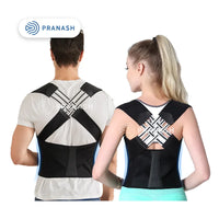 Two people wearing black posture correctors with Pranash logo.