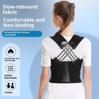 A woman shown from the back wearing a black posture corrector brace over a white T-shirt, with marketing text and feature icons on a light blue background.