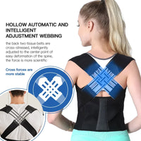 Woman wearing a black posture corrector with text and diagrams on a white background