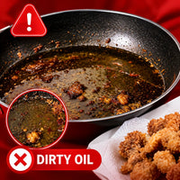Pouring hot cooking oil through the fine mesh strainer lid into the stainless steel storage container