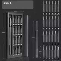A 25-piece black multi-tool set displayed in a dark cabinet, with individual tools arranged vertically on the right side. The image includes a '25 in 1' label in the top left corner.