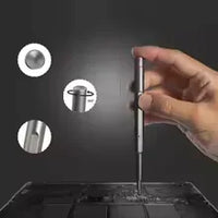 Hand holding a screwdriver with close-up insets on a dark background