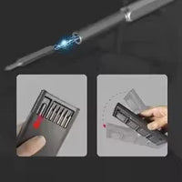 A compact black pen-style lighter shown in three views: a close-up of the tip with a blue flame effect, a hand holding the lighter open, and a hand closing the lighter. The background is dark gray.