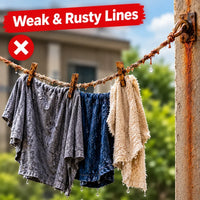 Three wet towels hanging on a rope clothesline outdoors, with a red banner reading 'Weak & Rusty Lines' and a red circle with an X over the left side. The background shows a blurred house and greenery.