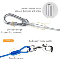 A product comparison graphic showing a silver carabiner with a steel cable and double buckle on the top half, labeled as secure, and a blue cable with a silver clasp on the bottom half, labeled as insecure. The image contains explanatory text and callout circles.
