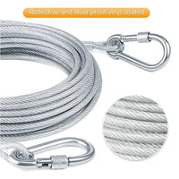 A coiled silver steel cable with two metal carabiner clips shown on a white background, plus an inset close-up of the cable texture and an orange text banner reading 'Reflective and Rust-proof vinyl coated'.