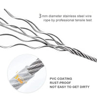 Three silver steel wire ropes shown on a white background with text reading '3 mm diameter stainless steel wire rope by professional tensile test' and a circular inset showing PVC coating and rust-proof protection.