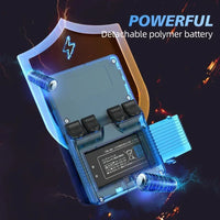 A transparent blue detachable polymer battery with a black internal cell and metal connector, shown with glowing blue lightning effects and the text 'POWERFUL Detachable polymer battery' on a dark background.