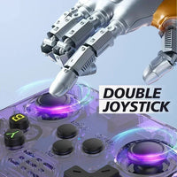 Robotic hand interacting with a gaming controller featuring double joystick design.