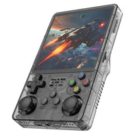 A portable retro game console with a transparent smoky gray case, featuring dual analog joysticks, a D-pad, action buttons, and a screen displaying a space fighter game, set against a plain white background.