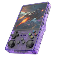 Handheld gaming console with transparent purple casing displaying a space-themed game on screen.