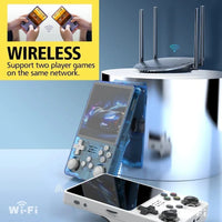 Handheld gaming console with wireless connectivity feature, router, and text on a blue background.