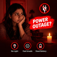 A woman sits in a dimly lit room under red emergency-style lighting, with a candle on the table beside her. Large text reads 'POWER OUTAGE?' with icons indicating no light, feeling unsafe, and dead battery, suggesting a power outage emergency product or service.