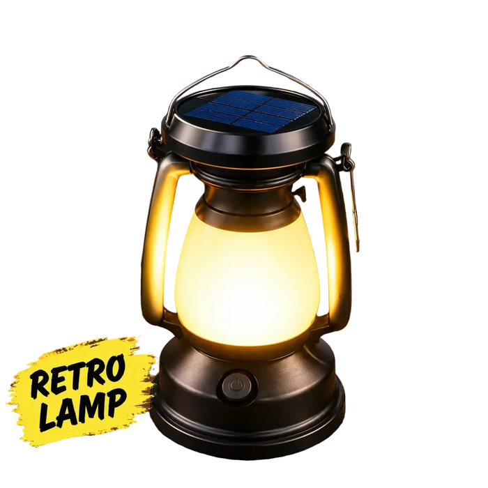 Retro style solar LED outdoor hanging lamp and emergency camping lantern