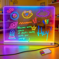 Hand wiping away a neon drawing on the reusable LED drawing board with a cloth