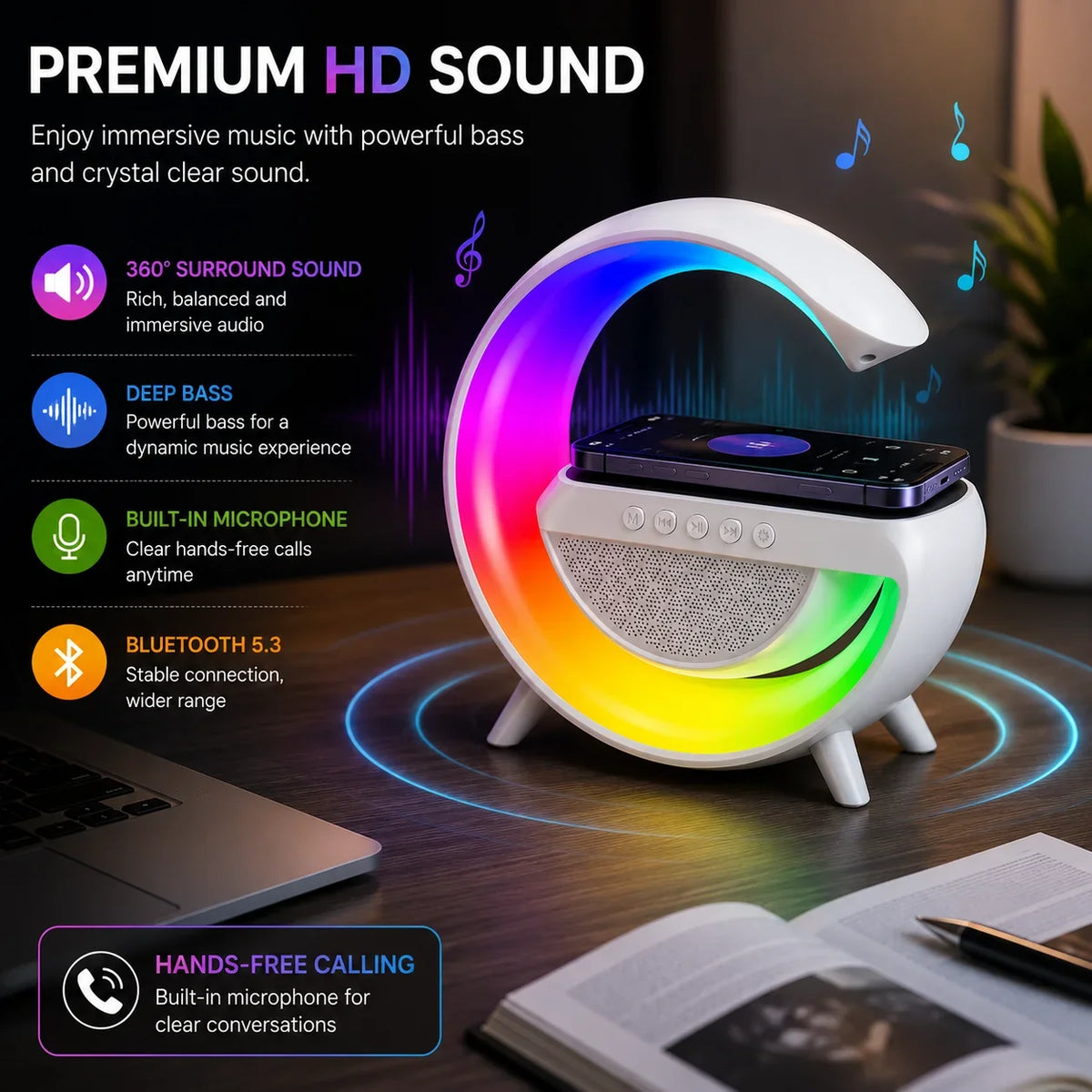 RGB Wireless Charger Lamp with Bluetooth Speaker and LED Night Light - Muveszi Pakistan (image 3)