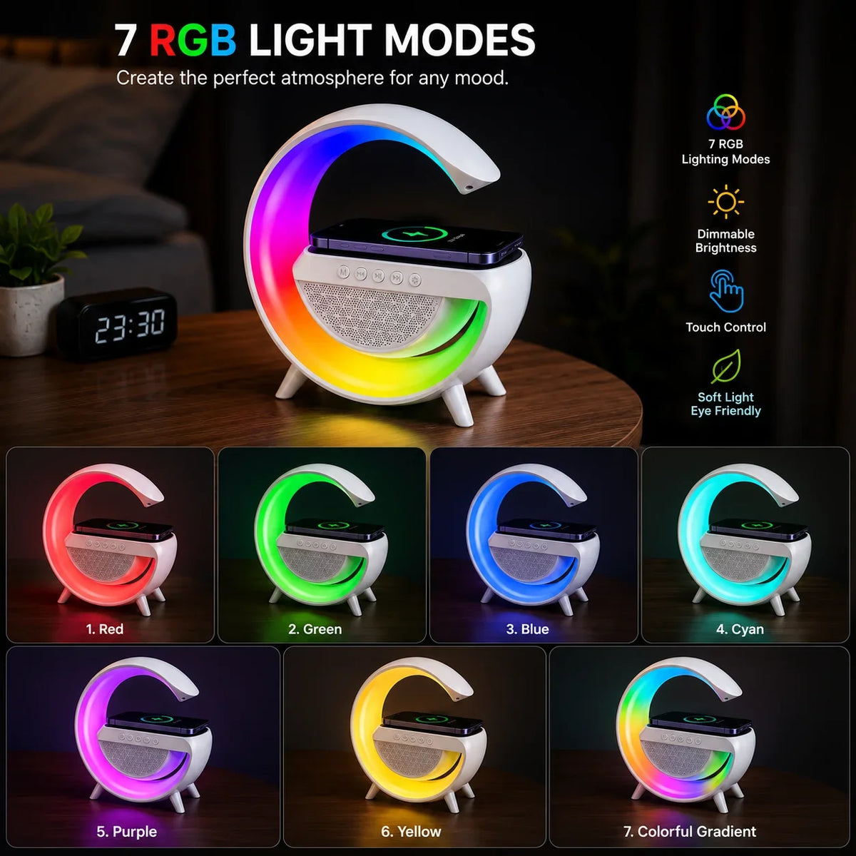 RGB Wireless Charger Lamp with Bluetooth Speaker and LED Night Light - Muveszi Pakistan (image 4)