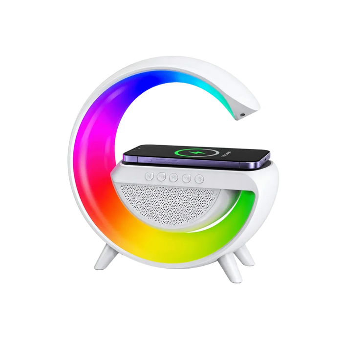 A white C-shaped wireless speaker with a built-in phone dock and a vibrant multicolor LED light ring, shown on a solid white background.