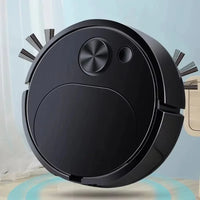 Black robot vacuum cleaner on a light blue background