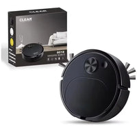 Black sweepin robot with packaging on a white background