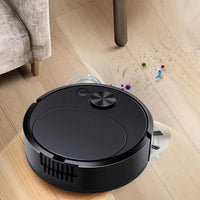 Top profile view of the robot vacuum cleaner highlighting its slim body and rotating side brushes