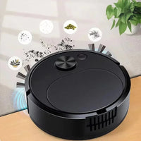 Black robot vacuum cleaner on a wooden surface with icons showing collected debris.