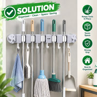 A wall-mounted multi-tool cleaning rack holding several broom, mop, scrubber, dustpan, and towel handles. The image includes marketing text and icons on the left and right, such as 'SOLUTION' and feature callouts like 'Keeps Tools In Place,' 'Saves Space,' 'Strong Grip,' and 'Neat & Organized.