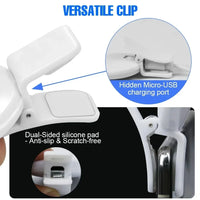 White versatile clip phone mount with a built-in Micro-USB charging port, dual-sided silicone pads for anti-slip and scratch-free protection, shown with feature callout graphics.
