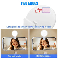 A white circular selfie mirror light with an adjustable clip, shown with text explaining two modes and a demonstration on a smartphone screen. The top half shows the product and a hand icon indicating a long press to switch between normal and blinking flash modes, and the bottom half shows two side-by-side panels labeled 'Normal mode' and 'Blinking mode' with a woman's face reflected in the phone.