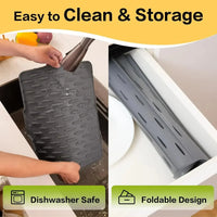 Two images showing a dishwasher safe mat being washed and a foldable storage rack.