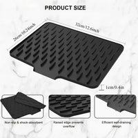 Black car mat with measurements and features on a white background