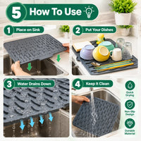 A 4-panel instructional graphic showing how to use a dark gray non-slip silicone dish drying mat in a sink. The panels are labeled 1 to 4 with green headers: place on sink, put dishes on, water drains down, and keep it clean.