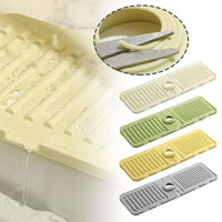A bathtub drain cover set shown with a close-up inset of the metal drain insert and four drain covers in cream, green, yellow, and gray, with water draining from a bathtub.