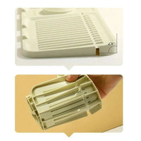 A beige plastic filter or strainer component shown in two views: a close-up of the angled slotted top surface with a small dimension annotation, and a hand holding the larger assembled piece against a tan background.